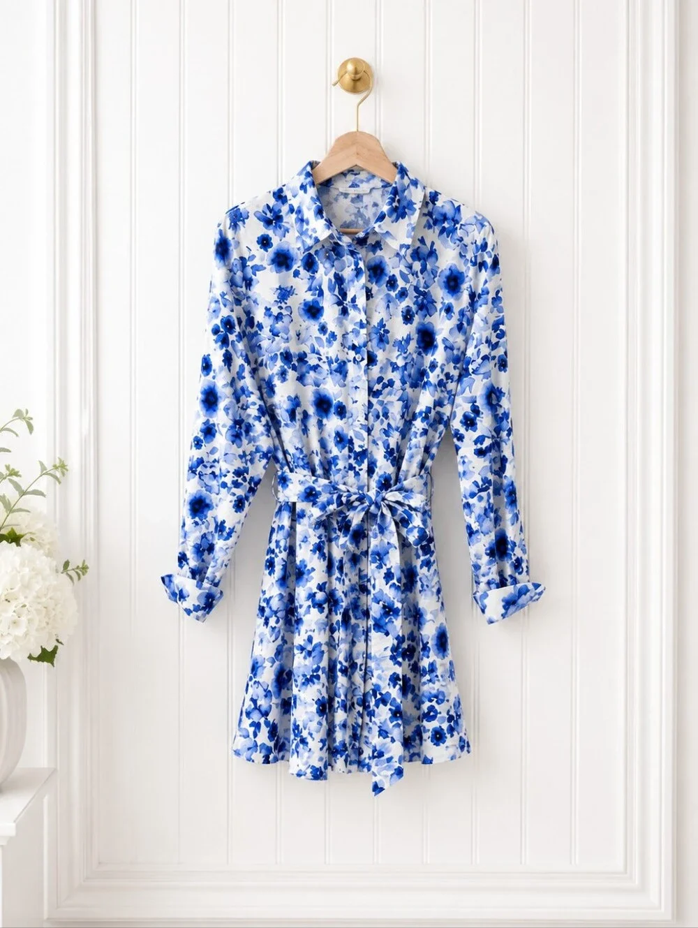 H&M | Blue White Floral Button Front Shirt Dress | Size L | Belted Long Sleeve - Picture 6 of 9